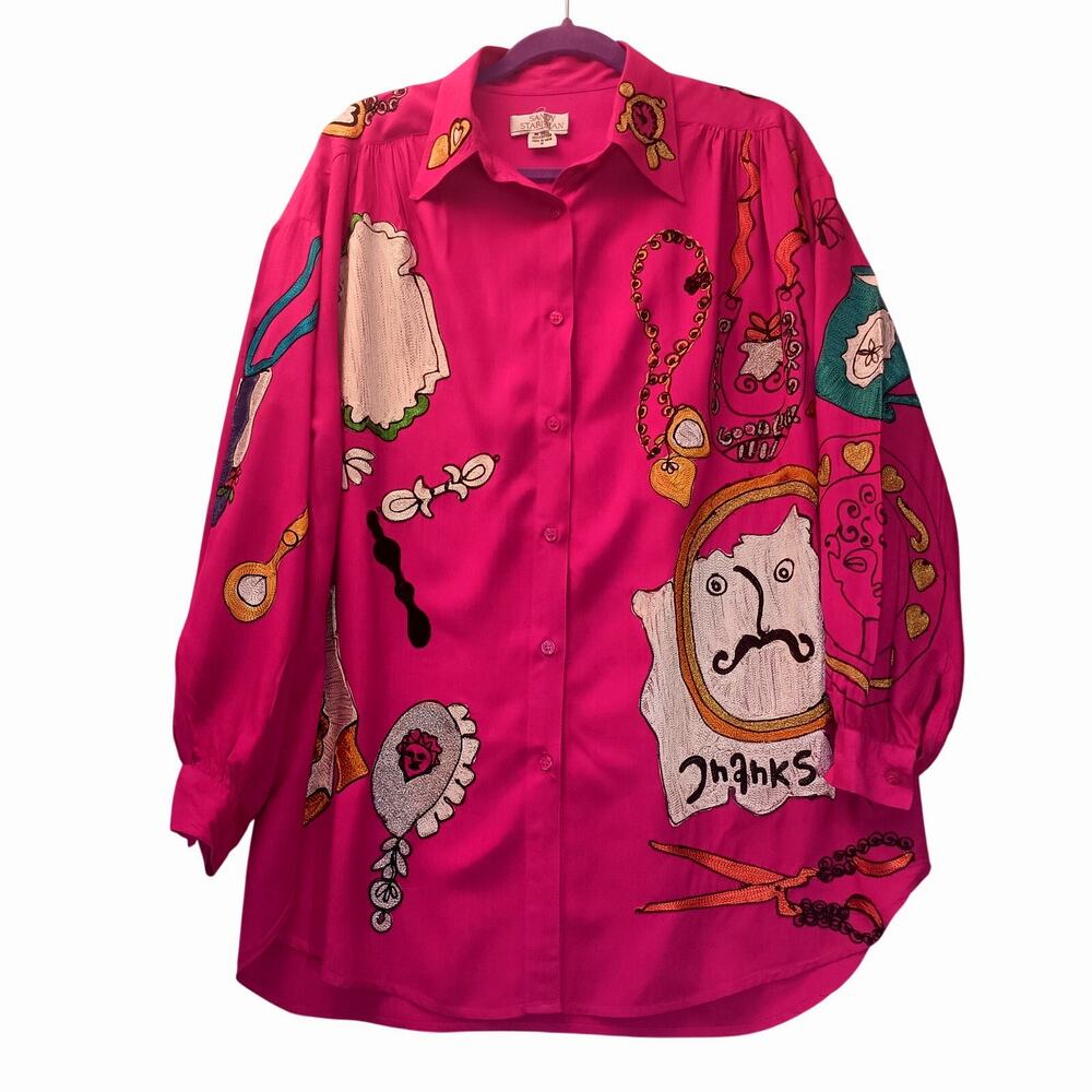 Sandy Starkman Vintage 90's Hot Pink Art To Wear Embroidered Novelty Blouse Med